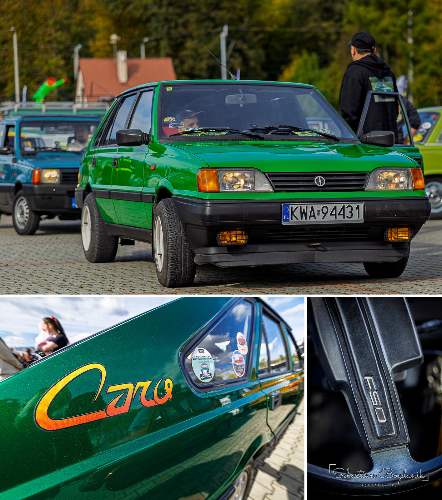 The FSO Polonez Caro, the last big update of Poland’s home-grown hatchback, from the 1990s: the whole car, its script badge and a steering