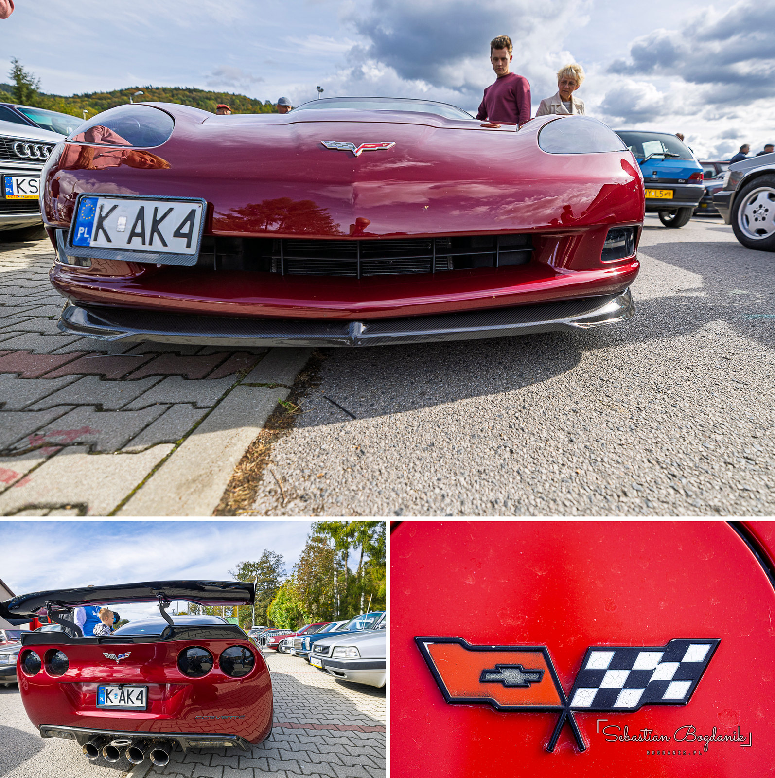 A Chevrolet Corvette from the front, from the back and the crossed flags