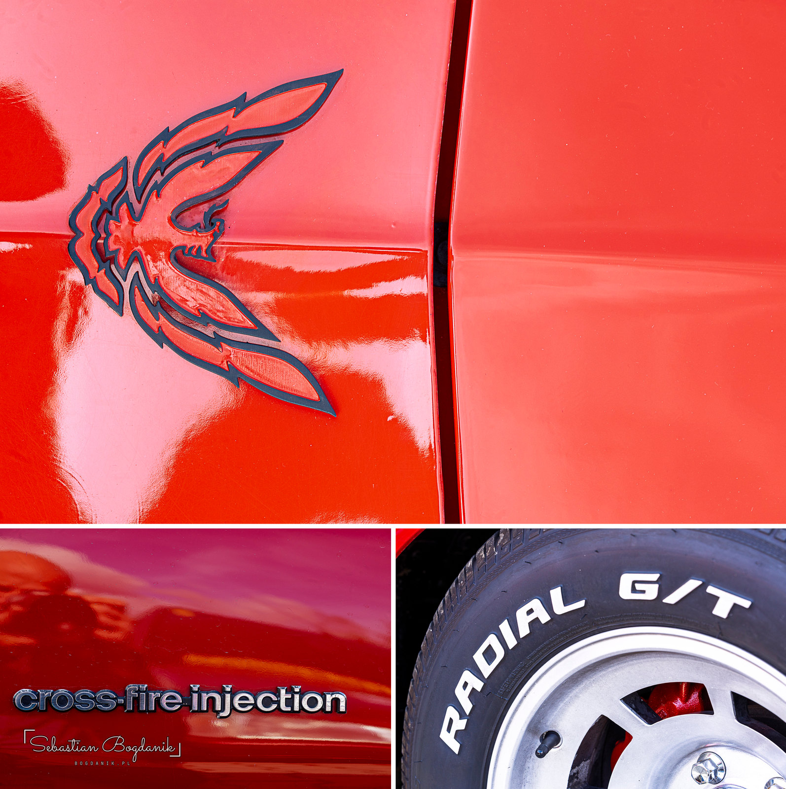 A Pontiac Firebird: the “screaming chicken,” a Cross-Fire Injection badge and raised-letter Radial G/T tires