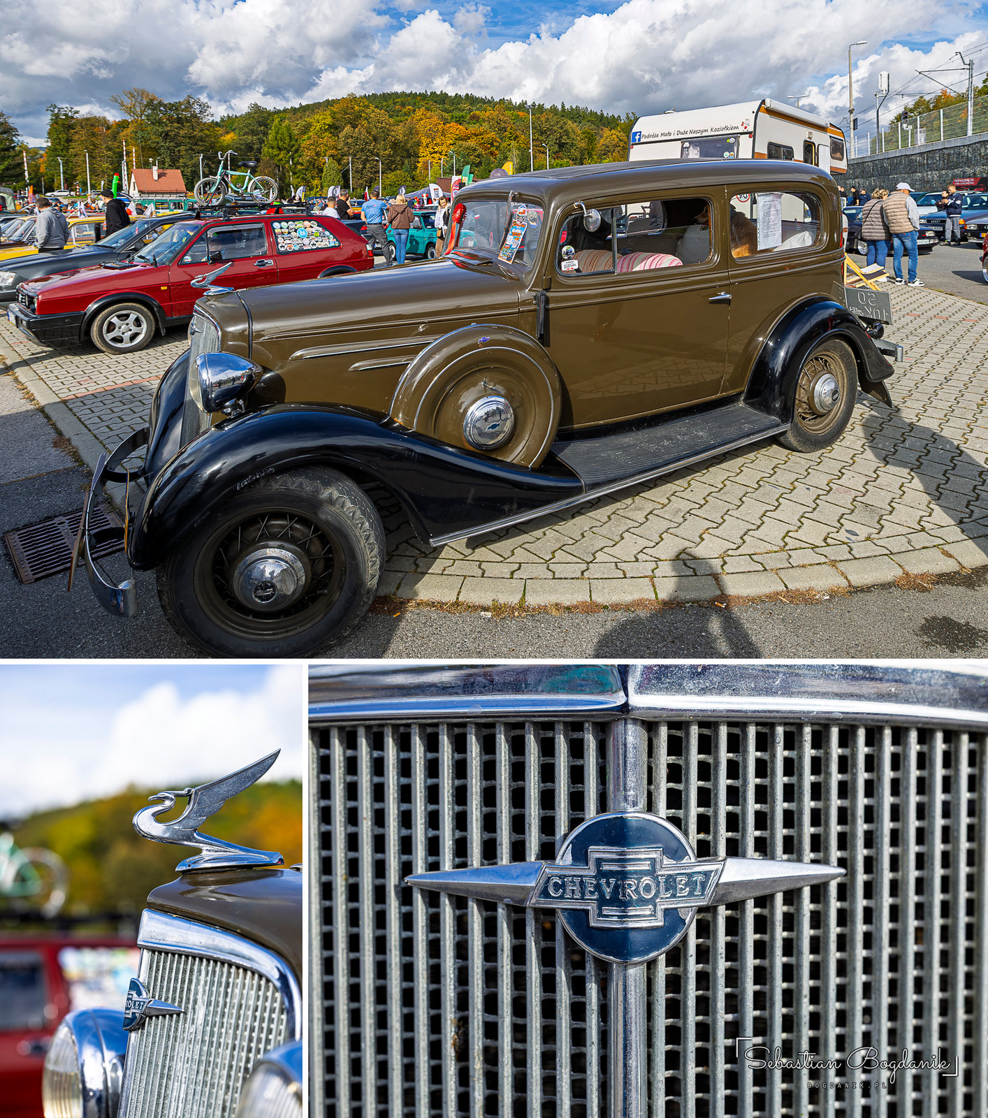 A pre-war Chevrolet: the silhouette, a chrome bird on the hood and the bowtie