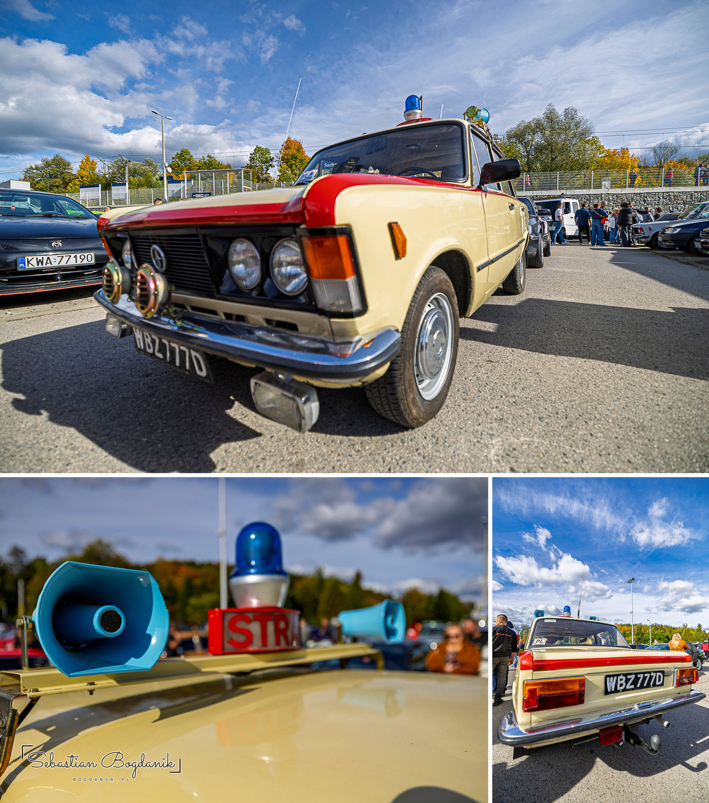 A recreated patrol car of the Citizens’ Militia, communist Poland’s police: MILICJA lettering, a blue beacon with two loudspeakers on the