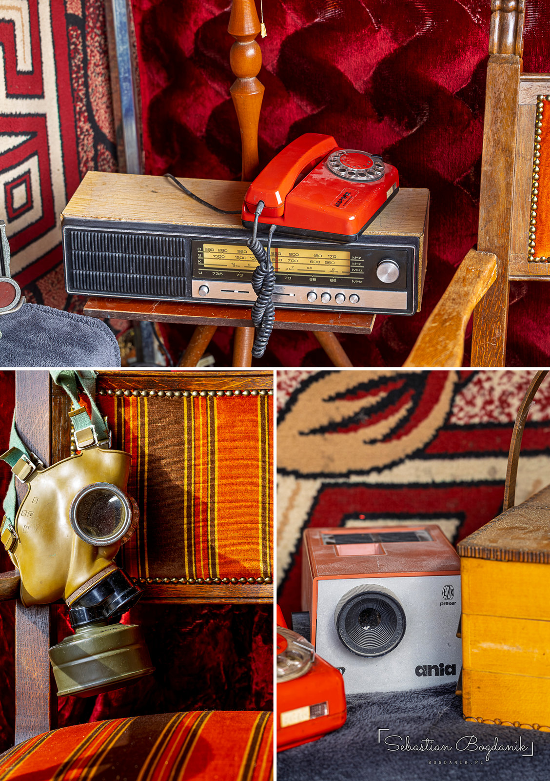The organizers’ booth, decorated like a 1970s Polish living room: a radio and an orange rotary phone, a gas mask on a chair and an “Ania”
